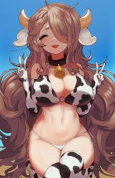 Rule 34 | 1girl, :d, absurdres, animal ears, animal print, bad id, bad pixiv id, bell, bikini, black bikini, black thighhighs, blue sky, breasts, brown hair, cleavage, closed eyes, commentary request, cow ears, cow girl, cow horns, cow print, cowbell, day, double w, groin, hair over one eye, halterneck, highres, horns, kneeling, large breasts, long hair, midriff, mole, mole on breast, mole on leg, mole under mouth, navel, neck bell, o-ring, o-ring bikini, o-ring top, oh (aung ae), open mouth, original, outdoors, side-tie bikini bottom, sky, smile, solo, stomach, sweat, swimsuit, thighhighs, very long hair, w, white bikini, white thighhighs