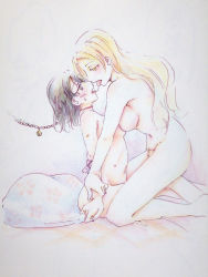 Rule 34 | 2girls, age difference, bdsm, bed sheet, bell, black hair, blonde hair, blonde pubic hair, blush, bondage, bound, breasts, chain, collar, colored pubic hair, eye contact, female focus, femdom, floral pattern, jingle bell, kiss, kneeling, leash, looking at another, love live!, love live! sunshine!!, mature female, medium breasts, medium hair, multiple girls, navel, nude, ohara mari&#039;s mother, open mouth, pillow, pubic hair, saliva, saliva trail, sitting, slave, smile, straddling, sweat, sweatdrop, tongue, tongue out, watanabe tsuki, yellow eyes, yuri
