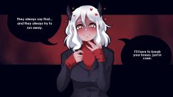 Rule 34 | 1girl, blush, closed mouth, commentary, demon girl, demon horns, english commentary, english text, fingernails, grey jacket, hair between eyes, hand up, hands up, heart, heart-shaped pupils, helltaker, highres, horns, jacket, long sleeves, looking at viewer, medium hair, modeus (helltaker), red sweater, seityr, sleeves past wrists, solo, speech bubble, sweater, symbol-shaped pupils, upper body, white hair, yandere, yandere trance