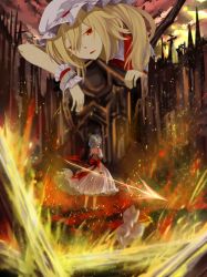 Rule 34 | 2girls, back, back cutout, bat wings, blonde hair, blue hair, blurry, burning, chain, clothing cutout, colored eyelashes, crystal, dress, fire, flandre scarlet, from behind, full body, giant, giantess, hat, unworn hat, unworn headwear, highres, ko kita, looking at viewer, looking back, mob cap, multiple girls, open mouth, profile, puffy sleeves, red eyes, remilia scarlet, ribbon, sash, shirt, short hair, short sleeves, side ponytail, spear the gungnir, touhou, vest, wings, wrist cuffs
