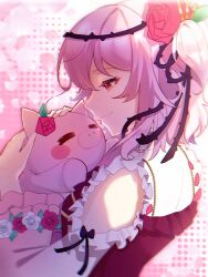 Rule 34 | 1girl, animal, clothing cutout, flower, from side, hair flower, hair ornament, hair vines, highres, holding, holding animal, hug, light smile, medium hair, nijisanji, nijisanji en, o0114, petals, pink hair, profile, red eyes, red flower, red rose, rose, rose petals, rosebud (rosemi lovelock), rosemi lovelock, rosemi lovelock (1st costume), shoulder cutout, side ponytail, thorns, virtual youtuber