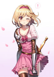 Rule 34 | !, 10s, 1girl, arm behind back, black thighhighs, blonde hair, blush, breasts, brown eyes, cleavage, collarbone, commentary request, cowboy shot, djeeta (granblue fantasy), dress, dress tug, fighter (granblue fantasy), gauntlets, gradient background, granblue fantasy, hairband, looking at viewer, no panties, one eye closed, partially visible vulva, petals, pink dress, puffy short sleeves, puffy sleeves, ririko (zhuoyandesailaer), short hair, short sleeves, solo, sword, tears, thigh gap, thighhighs, thighs, weapon