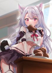 Rule 34 | 1girl, animal ear fluff, animal ears, azur lane, bare shoulders, black gloves, black sailor collar, black skirt, bookshelf, braid, breasts, chicken (food), collarbone, commentary request, cowboy shot, crop top, crop top overhang, curtains, eating, fangs, fingerless gloves, food, garter belt, gloves, groin, hair between eyes, highres, holding, holding food, indoors, long hair, looking at viewer, medium breasts, miniskirt, nail polish, o-ring, partial commentary, plate, pleated skirt, red eyes, red nails, red ribbon, retrofit (azur lane), ribbon, sailor collar, shirt, short eyebrows, side braid, sidelocks, silver hair, skin fangs, skirt, sleeveless, sleeveless shirt, slit pupils, solo, standing, stomach, swepot, tail, thick eyebrows, underboob, very long hair, white shirt, window, wolf ears, wolf tail, yuudachi (azur lane)