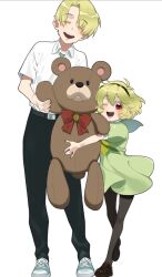 Rule 34 | 1boy, 1girl, belt, black hairband, black pants, blonde hair, bow, brother and sister, child, closed eyes, colored eyelashes, cropped, dress, full body, green dress, hairband, height difference, highres, higurashi no naku koro ni, holding, holding stuffed toy, houjou satoko, houjou satoshi, hugging object, large teddy bear, loafers, looking at viewer, neckerchief, official art, open mouth, pants, pantyhose, parted bangs, red eyes, sailor collar, sailor dress, school uniform, shirt, shirt tucked in, shoes, short hair, short sleeves, siblings, smile, sneakers, stuffed animal, stuffed toy, summer uniform, suzuki jirou, teddy bear, teeth, third-party source, upper teeth only, yellow neckerchief