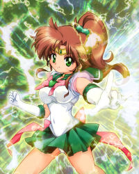 Rule 34 | 1990s (style), 1girl, bad id, bad pixiv id, bishoujo senshi sailor moon, blush, bow, breasts, brooch, brown hair, choker, earrings, elbow gloves, electricity, flower, gloves, green eyes, green skirt, hair bobbles, hair ornament, heart, heart brooch, jewelry, kino makoto, leotard, long hair, m/, magical girl, miniskirt, panties, pantyshot, pink bow, pink flower, pink rose, pleated skirt, ponytail, retro artstyle, ribbon, rose, sailor collar, sailor jupiter, shirt, skirt, smile, solo, star (symbol), super sailor jupiter, taut clothes, taut shirt, tiara, underwear, white gloves, white panties, zipang (zip@ng works)