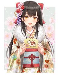 Rule 34 | 1girl, 2021, :d, black hair, bow, brown eyes, chinese zodiac, commentary, ema, floral print, flower, fur collar, hair bow, hair flower, hair ornament, highres, holding, japanese clothes, kimono, kirifrog, long hair, long sleeves, looking at viewer, new year, obi, open mouth, original, pink flower, print kimono, red bow, red flower, sash, smile, solo, very long hair, wide sleeves, year of the ox