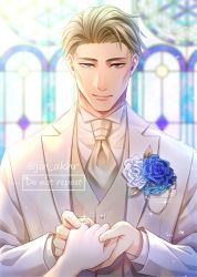 Rule 34 | 1boy, alternate eye color, blonde hair, blue eyes, blue flower, blue rose, collared shirt, flower, formal, jewelry, jin akhr, jujutsu kaisen, long sleeves, looking at viewer, male focus, nanami kento, necktie, ring, rose, shirt, smile, solo, stained glass, suit, wedding ring, white shirt, white suit, yellow necktie