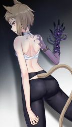 Rule 34 | 1girl, animal ears, asymmetrical arms, backless outfit, black sclera, brown hair, colored sclera, extra eyes, facing away, glowing, glowing eyes, gradient background, grey background, highres, looking at viewer, looking back, monster girl, orange eyes, original, parted lips, purple eyes, short hair, slit pupils, solo, tail, tentacles, yuritopia