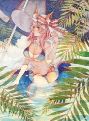 Rule 34 | 1girl, beach umbrella, bow, breasts, cloud, day, hat, hat bow, innertube, jewelry, large breasts, liaoyuan, navel, necklace, outdoors, painting (medium), pink hair, solo, striped, striped bow, swim ring, swimsuit, tamamo no mae (fate/extra), tamamo no mae (swimsuit lancer) (fate), tamamo no mae (swimsuit lancer) (third ascension) (fate), traditional media, umbrella, water, watercolor (medium), white hat