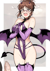 Rule 34 | 1boy, 1girl, :o, akizuki ritsuko, blush, breasts, brown hair, cleavage cutout, clothing cutout, collarbone, demon horns, demon tail, demon wings, embarrassed, folded ponytail, full-face blush, groin, highres, horns, idolmaster, idolmaster (classic), idolmaster million live!, large breasts, looking at another, navel, navel cutout, one-piece swimsuit, own hands together, praying, producer (idolmaster), purple one-piece swimsuit, purple thighhighs, skindentation, steam, sweatdrop, swimsuit, tail, thighhighs, tsurui, wings