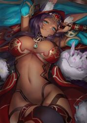 Rule 34 | 1girl, animal ears, black thighhighs, blue eyes, breasts, breasts apart, bridal gauntlets, dark-skinned female, dark skin, detached sleeves, diadem, elbow gloves, fate/grand order, fate (series), gem, gloves, head chain, highres, jewelry, large breasts, long hair, looking at viewer, lying, mins (minevi), navel, on back, parted bangs, parted lips, photoshop (medium), purple hair, queen of sheba (fate), revealing clothes, smile, solo, thighhighs, veil