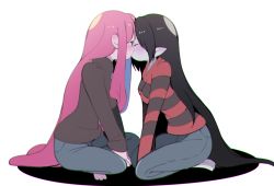 Rule 34 | 2girls, adventure time, arm support, barefoot, bite mark, black hair, blush, chromatic aberration, closed eyes, colored skin, commentary request, couple, denim, feet, grey skin, indian style, jeans, kiss, long hair, looking at another, marceline abadeer, multiple girls, pants, pink hair, pink skin, pointy ears, princess bonnibel bubblegum, rokuromi, shirt, simple background, sitting, striped clothes, striped shirt, sweater, turtleneck, turtleneck sweater, v-neck, vampire, very long hair, white background, yuri
