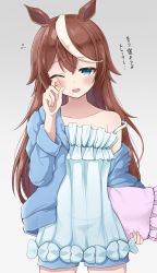 Rule 34 | 1girl, absurdres, animal ears, blue eyes, blue shorts, blush, bow, brown hair, commentary request, dress, frilled pillow, frills, gokurin, gradient background, grey background, hair down, hair undone, highres, holding, holding pillow, horse ears, long hair, multicolored hair, one eye closed, open mouth, pillow, rubbing eyes, short shorts, shorts, sleepy, solo, strap slip, streaked hair, teeth, tokai teio (umamusume), translation request, umamusume, upper teeth only, very long hair, white bow, white dress, white hair
