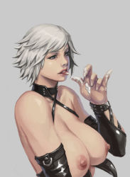 Rule 34 | 1girl, aftersex, bad id, bad pixiv id, bikini, blue eyes, breasts, choker, christie (doa), cleavage, cum, cum in mouth, cum on fingers, cum on tongue, dead or alive, detached sleeves, fellatio gesture, large breasts, licking, licking finger, lips, nipples, open bikini, open clothes, short hair, silver hair, solo, swimsuit, tecmo, upper body, very short hair, xxoom