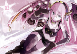 Rule 34 | 1girl, absurdres, aqua eyes, bare shoulders, black thighhighs, boots, breasts, checkered clothes, checkered legwear, cleavage, elbow gloves, gloves, hairband, headphones, highres, lace, lace-trimmed gloves, lace trim, long hair, lying, mechanical wings, megurine luka, midriff, monocle, navel, on side, patterned legwear, pink hair, shorts, smile, solo, tansuke, thighhighs, vest, vocaloid, wings