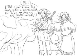 Rule 34 | 1boy, 1girl, ^^^, aged up, alternate breast size, animal ears, apron, blush, boots, breast expansion, breasts, comic, cow, cow ears, cow girl, cow horns, cow tail, dress, english text, gigantic breasts, greyscale, hat, horns, instrument, lineart, link, long hair, malon, master sword, matsu-sensei, monochrome, neckerchief, nintendo, ocarina, over shoulder, pointy ears, raised eyebrow, skirt, sweatdrop, sword, sword over shoulder, tail, the legend of zelda, the legend of zelda: ocarina of time, transformation, tunic, udder, underboob, waist apron, wardrobe malfunction, weapon, weapon over shoulder