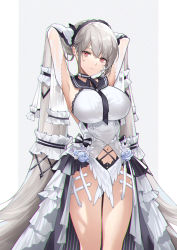 Rule 34 | 1girl, absurdres, armpits, arms up, azur lane, black bow, black hairband, black ribbon, blue flower, blue rose, bow, breasts, chromatic aberration, closed mouth, clothing cutout, cowboy shot, dress, eminya 27, flower, formidable (azur lane), formidable (timeless classics) (azur lane), grey background, grey hair, hair ornament, hairband, highres, impossible clothes, impossible dress, large breasts, layered dress, long hair, looking at viewer, navel, navel cutout, neck ribbon, red eyes, ribbon, rose, simple background, sleeveless, sleeveless dress, solo, thighs, twintails, very long hair, waist cape, white dress
