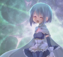 Rule 34 | 10s, 1girl, bad id, bad pixiv id, blood, bloody tears, blue hair, cape, closed eyes, female focus, gloves, gradient background, highres, magical girl, mahou shoujo madoka magica, mahou shoujo madoka magica (anime), miki sayaka, open mouth, short hair, smile, solo, tahya, white gloves
