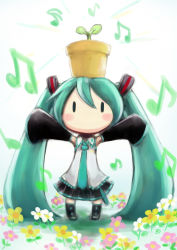 Rule 34 | 1girl, aqua eyes, aqua hair, aqua necktie, beamed quavers, black skirt, black thighhighs, blush, chibi, collared shirt, detached sleeves, flower pot, grey shirt, hatsune miku, hello planet (vocaloid), highres, long hair, long sleeves, musclecar, musical note, necktie, no mouth, no nose, object on head, on head, pleated skirt, quaver, shirt, simple background, skirt, solo, thighhighs, twintails, vocaloid, white background, wide sleeves, wing collar, zettai ryouiki