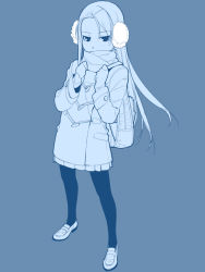 Rule 34 | 1girl, backpack, bag, blue background, blue theme, earmuffs, full body, ino (magloid), jacket, loafers, long hair, looking at viewer, mochizuki nonoka, monochrome, otome function, pantyhose, scarf, shoes, simple background, solo