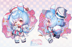 Rule 34 | 1girl, ;d, ai xiao meng, animal ears, apron, aqua bow, aqua shirt, arm support, bike shorts, black footwear, blue hair, blush, blush stickers, boots, bow, bowtie, brooch, checkered background, chibi, closed mouth, commentary request, crossed bangs, cup, drinking straw, eyelashes, flower, from behind, genshin impact, gloves, gradient background, gradient hair, grey background, hair between eyes, hair ornament, hands up, hat, highres, holding, holding cup, jewelry, long sleeves, looking at viewer, looking back, low twintails, medium hair, milkshake, multicolored hair, multiple views, nurse cap, one eye closed, open mouth, outline, pantyhose, pink bow, pom pom (clothes), pom pom hair ornament, puffy long sleeves, puffy shorts, puffy sleeves, purple hair, rabbit, red bow, red bowtie, red eyes, red flower, red rose, rose, shirt, short shorts, shorts, sidelocks, sideways glance, sigewinne (genshin impact), simple background, sitting, smile, standing, tail, twintails, vision (genshin impact), white apron, white gloves, white hat, white outline, white pantyhose
