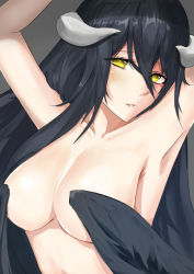 Rule 34 | 1girl, albedo (overlord), black hair, black wings, breasts, cleavage, collarbone, convenient censoring, grey background, horns, large breasts, long hair, looking at viewer, lzayuisabeth, overlord (maruyama), simple background, solo, upper body, wing censor, wings, yellow eyes