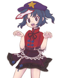 Rule 34 | 1girl, :d, black skirt, blue hair, cabbie hat, contrapposto, cowboy shot, drooling, hat, hat ornament, heart, heart print, highres, jiangshi, keb00b, looking at viewer, miniskirt, miyako yoshika, mouth drool, ofuda, open mouth, outstretched arms, sharp teeth, short hair, simple background, skirt, smile, solo, star (symbol), star hat ornament, teeth, touhou, white background, zombie pose