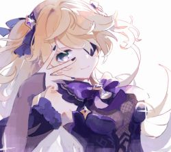 Rule 34 | 1girl, black nails, blonde hair, blush, bow, breasts, chuunibyou, detached sleeves, eyepatch, fischl (genshin impact), fishnets, genshin impact, hair ribbon, highres, hogarakayo, long hair, looking at viewer, nail polish, purple bow, purple eyes, ribbon, simple background, smile, solo, sparkle, two side up, upper body, white background