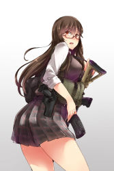 Rule 34 | 1girl, ass, ayyh, breasts, brown hair, glasses, gradient background, gun, handgun, highres, holster, large breasts, looking back, miniskirt, parted lips, pleated skirt, pouch, red eyes, semi-rimless eyewear, skirt, solo, vest, weapon