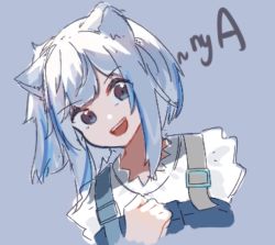 Rule 34 | 1girl, :d, animal ears, blue eyes, blue hair, cat ears, cat girl, gawr gura, gawr gura (casual), hololive, hololive english, kemonomimi mode, looking at viewer, multicolored hair, nuggetkouhai, open mouth, portrait, short hair, silver hair, simple background, sketch, smile, solo, streaked hair, suspenders, virtual youtuber