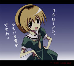 Rule 34 | &gt;:d, 00s, 1girl, :d, blonde hair, blue background, brown hair, dress, eyebrows, green dress, hairband, hand on own hip, higurashi no naku koro ni, houjou satoko, letterboxed, neckerchief, open mouth, pointing, purple eyes, school uniform, short hair, short sleeves, simple background, smile, solo, v-shaped eyebrows
