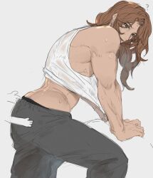 Rule 34 | 1boy, ?, ass, bara, brown eyes, brown hair, clothes lift, granblue fantasy, grey pants, hand on another&#039;s ass, highres, large pectorals, long hair, looking at viewer, male focus, momimomi, muscular, muscular male, pants, pectorals, siegfried (granblue fantasy), simple background, smile, tank top, white background, white tank top