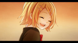 Rule 34 | 1girl, blonde hair, closed eyes, face, female focus, gradient background, hair ornament, hairclip, kagamine rin, letterboxed, open mouth, orange (vocaloid), school uniform, short hair, smile, solo, tama (songe), vocaloid