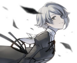 Rule 34 | 1girl, arms at sides, assault lily, black ribbon, black skirt, blurry, blurry foreground, breasts, closed mouth, cropped jacket, falling leaves, from side, grey eyes, grey hair, high-waist skirt, highres, juliet sleeves, kawazoe misuzu, leaf, leaning forward, light smile, long sleeves, looking at viewer, looking to the side, medium breasts, neck ribbon, puffy sleeves, ribbon, school uniform, short hair, sideways glance, simple background, skirt, solo, swept bangs, tareko, upper body, white background, yurigaoka girls academy school uniform