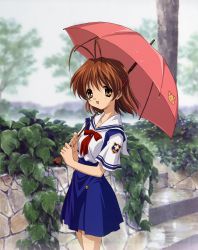 Rule 34 | 00s, absurdres, blue skirt, brown eyes, brown hair, clannad, furukawa nagisa, highres, skirt, umbrella