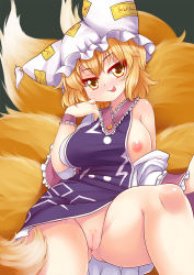 Rule 34 | 1girl, animal hat, blush, bottomless, breasts, cleft of venus, dress, female focus, female pubic hair, fox tail, hat, hat with ears, highres, large breasts, long sleeves, looking at viewer, mob cap, multiple tails, nipples, off shoulder, mob cap, pubic hair, pussy, smile, solo, spread legs, tabard, tail, tongue, tongue out, touhou, uncensored, white dress, wide sleeves, wolflong, yakumo ran, yellow eyes
