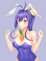 Rule 34 | 1girl, animal ears, antenna hair, between breasts, blazblue, blazblue remix heart, blue hair, blush, bow, breasts, carrot, fake animal ears, female focus, genderswap, genderswap (mtf), hair bow, highres, large breasts, leotard, long hair, mai natsume, playboy bunny, ponytail, rabbit ears, red eyes, ribbon, simple background, smile, solo, yellow bow