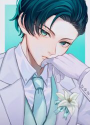 Rule 34 | 1boy, blue lock, border, closed mouth, collared shirt, commentary request, flower, formal, gloves, green eyes, green hair, green necktie, grey border, hand up, highres, itoshi rin, jacket, kyul gnsn, lapels, long sleeves, looking at viewer, male focus, necktie, notched lapels, outside border, shirt, short hair, solo, upper body, white gloves, white jacket