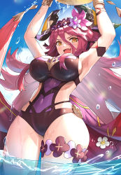 Rule 34 | 1girl, :d, absurdres, armpits, arms up, blue sky, blush, breasts, cloud, commentary request, covered navel, cowboy shot, dragalia lost, dragon girl, fang, flower, from below, gonzarez, hair flower, hair ornament, highres, large breasts, long hair, looking at viewer, mym (dragalia lost), official alternate costume, open mouth, orange eyes, partial commentary, red hair, sideboob, sky, smile, solo, swimsuit, tail, thighs, v-shaped eyebrows, water, wet