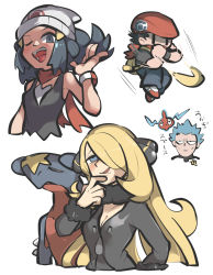 Rule 34 | 2boys, 2girls, beanie, blonde hair, breasts, cleavage, coat, commentary request, creatures (company), cynthia (pokemon), cyrus (pokemon), dawn (pokemon), drooling, floating hair, fur-trimmed coat, fur collar, fur trim, game freak, garchomp, gen 4 pokemon, grey eyes, hair ornament, hand up, hat, highres, long hair, long sleeves, lucas (pokemon), multiple boys, multiple girls, nintendo, pants, pokemon, pokemon (creature), pokemon dppt, raised eyebrows, red scarf, rotom, rotom (normal), scarf, shirt, shoes, short hair, simple background, sleeveless, sleeveless shirt, smile, spiked hair, team galactic, tirarizun, white background, wristband