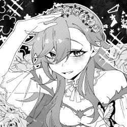 Rule 34 | 1girl, blush, bug, butterfly, choker, commentary request, dress, ellie (housamo), fang, flower, flower on head, greyscale, hair between eyes, hair flower, hair ornament, halftone, insect, long hair, looking at viewer, monochrome, neilsuzian, off-shoulder dress, off shoulder, official alternate costume, open mouth, rose, see-through, see-through sleeves, shading eyes, smile, solo, sparkle, tokyo houkago summoners, upper body