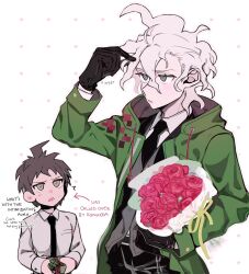 Rule 34 | 2boys, absurdres, ahoge, black gloves, black jacket, black necktie, bouquet, brown hair, collared shirt, danganronpa (series), danganronpa 2: goodbye despair, english text, flower, gift, gloves, green jacket, grey hair, grey shirt, hair between eyes, heart, highres, hinata hajime, holding, holding bouquet, holding gift, hood, hooded jacket, jacket, komaeda nagito, long sleeves, looking at another, male focus, multiple boys, necktie, okamotoo, open clothes, open jacket, shirt, short hair, simple background, upper body, white background, white shirt, yaoi