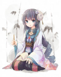 Rule 34 | bamboo, black hair, blue eyes, book, breasts, cleavage, cleavage cutout, clothing cutout, commentary request, curled horns, flower, full body, hair flower, hair ornament, highres, holding, holding paintbrush, horns, long hair, long sleeves, looking at viewer, open book, open clothes, original, paintbrush, parted lips, seiza, sitting, sleeves past wrists, small breasts, solo, very long hair, white background, white flower, wide sleeves, yonema