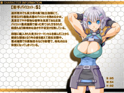 Rule 34 | 1girl, amano mitsurugi, armpits, arms behind head, arms up, black skirt, blush, braid, breasts, cleavage, cleavage cutout, clothing cutout, cowboy shot, detached collar, female focus, gloves, groin, hair intakes, hair ornament, hairclip, happy, highres, japanese text, large breasts, legs, light blush, looking at viewer, measurements, nose blush, seolla schweizer, short hair, silver hair, simple background, single braid, skirt, smile, solo, super robot wars, super robot wars original generation, thighs, three sizes, translation request