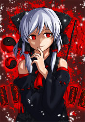 Rule 34 | 1girl, alternate color, bow, colorized, dark persona, detached sleeves, female focus, hair bow, hair tubes, hakurei reimu, izuna nie, japanese clothes, miko, red eyes, smile, solo, touhou, vent arbre, yin yang