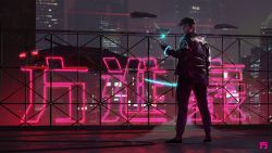 Rule 34 | 1boy, black footwear, black gloves, black hair, black pants, bracelet, building, cable, chin fong, chromatic aberration, city, cityscape, commentary, crystal, cyberpunk, dark, earrings, energy sword, english commentary, fingerless gloves, flying car, from behind, gloves, glowing, highres, holding, holding weapon, hover vehicle, jacket, jewelry, katana, male focus, neon lights, night, original, outdoors, pants, rooftop, science fiction, shoes, skyscraper, sneakers, solo, standing, stud earrings, sword, translation request, weapon, wide shot