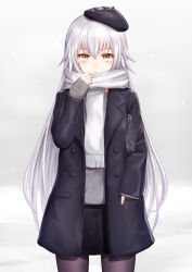 Rule 34 | 1girl, bag, beret, black coat, black hat, black skirt, blush, breath, brown eyes, brown pantyhose, coat, commentary request, cowboy shot, fate/grand order, fate (series), fringe trim, gradient background, grey background, grey sweater, hair between eyes, hand in pocket, hand up, handbag, hat, highres, jeanne d&#039;arc (fate), jeanne d&#039;arc alter (avenger) (fate), jeanne d&#039;arc alter (fate), long hair, long sleeves, open clothes, open coat, pantyhose, parted lips, scarf, seungju lee, silver hair, skirt, sleeves past wrists, snow, solo, standing, sweater, tilted headwear, very long hair, white scarf