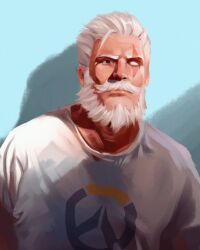 Rule 34 | 1boy, alternate costume, beard, blind, expressionless, facial hair, highres, jinhallz, looking ahead, male focus, mature male, mustache, old, old man, overwatch, overwatch (logo), overwatch 1, reinhardt (overwatch), scar, scar across eye, shirt, short hair, solo, t-shirt, thick mustache, upper body, wrinkled skin