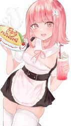 Rule 34 | 1girl, :d, alternate costume, apron, black dress, blush, breasts, cleavage, cup, danganronpa (series), danganronpa 2: goodbye despair, dress, enmaided, food, glass, hair ornament, highres, holding, holding cup, looking at viewer, maid, medium breasts, medium hair, naname sirosiro, nanami chiaki, neck ribbon, omelet, omurice, open mouth, pink eyes, pink hair, pink ribbon, puffy short sleeves, puffy sleeves, ribbon, short sleeves, simple background, skindentation, smile, solo, spaceship hair ornament, teeth, thighhighs, upper teeth only, waist apron, white background, white thighhighs