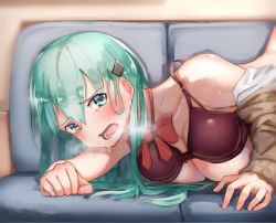 Rule 34 | 1girl, aqua eyes, aqua hair, blush, bow, bowtie, bra, bra lift, breasts, cardigan, commentary, couch, hair ornament, hairclip, implied sex, jacket, kabayaki namazu, kantai collection, large breasts, long hair, looking at viewer, lying, off shoulder, open cardigan, open clothes, open mouth, purple bra, red bow, red bowtie, school uniform, shirt, solo, suzuya (kancolle), sweat, underwear, white shirt